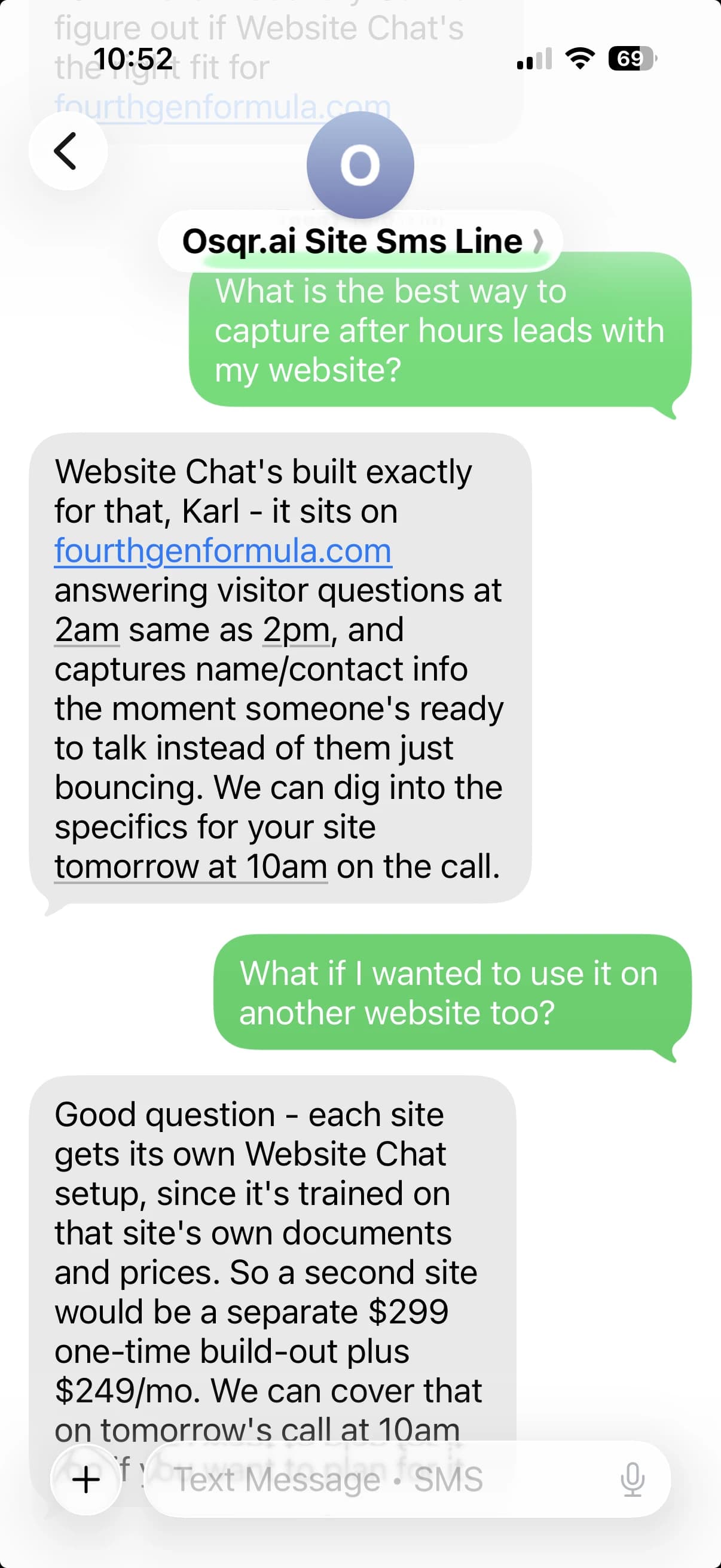 A real text thread: a customer asks about after-hours leads and the Business Text Line answers from the business's documents