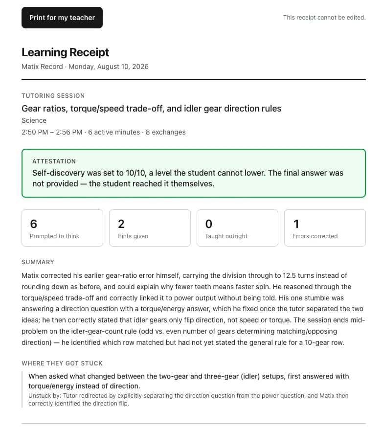 A learning receipt: six prompts to think, zero answers given outright, and exactly where the student got stuck