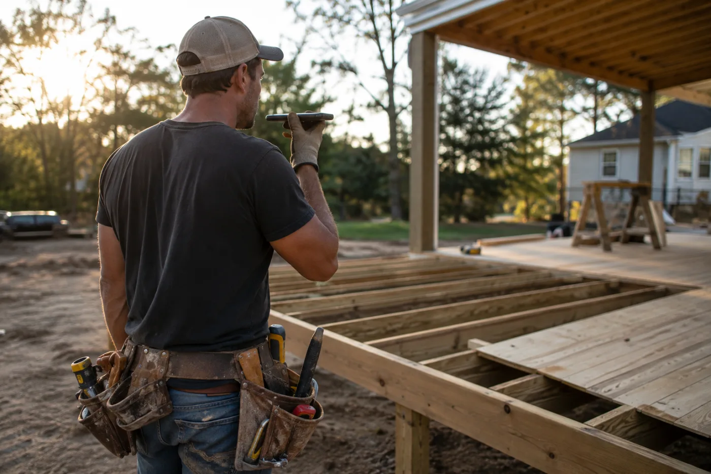 A contractor standing beside a half-built deck at sunset, speaking into a phone held near his mouth