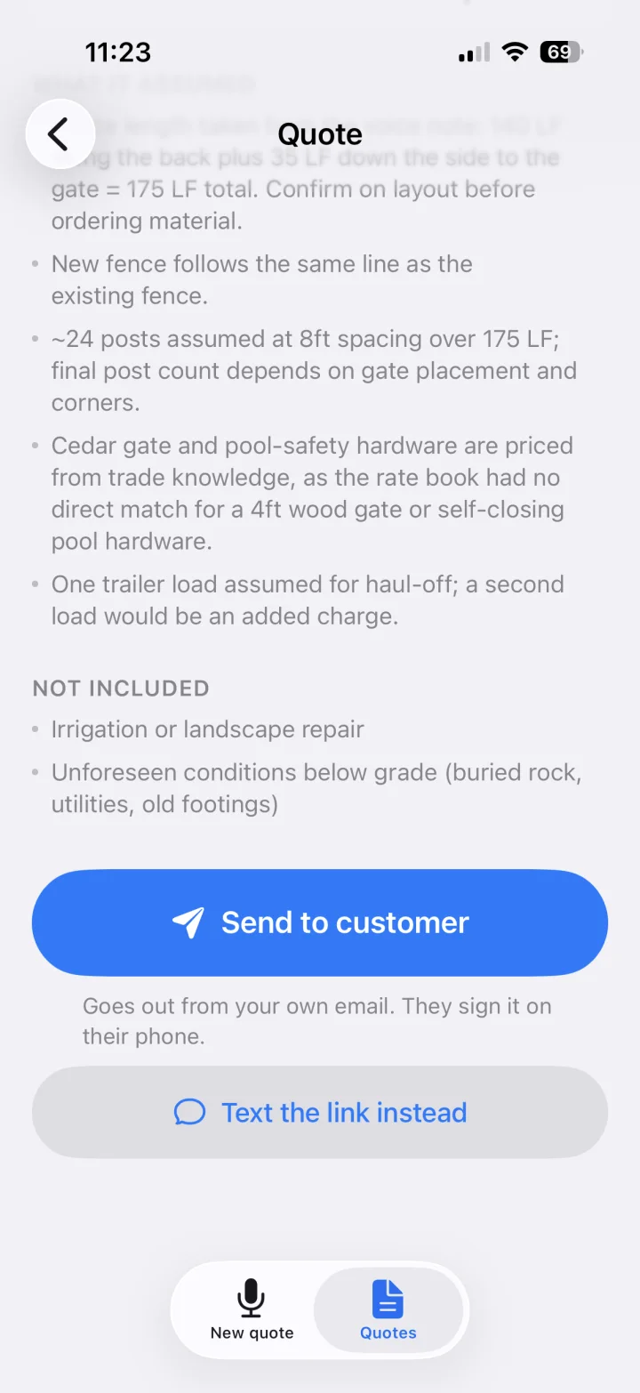 The assumptions and exclusions section of a quote, above buttons to send it to the customer or text the link