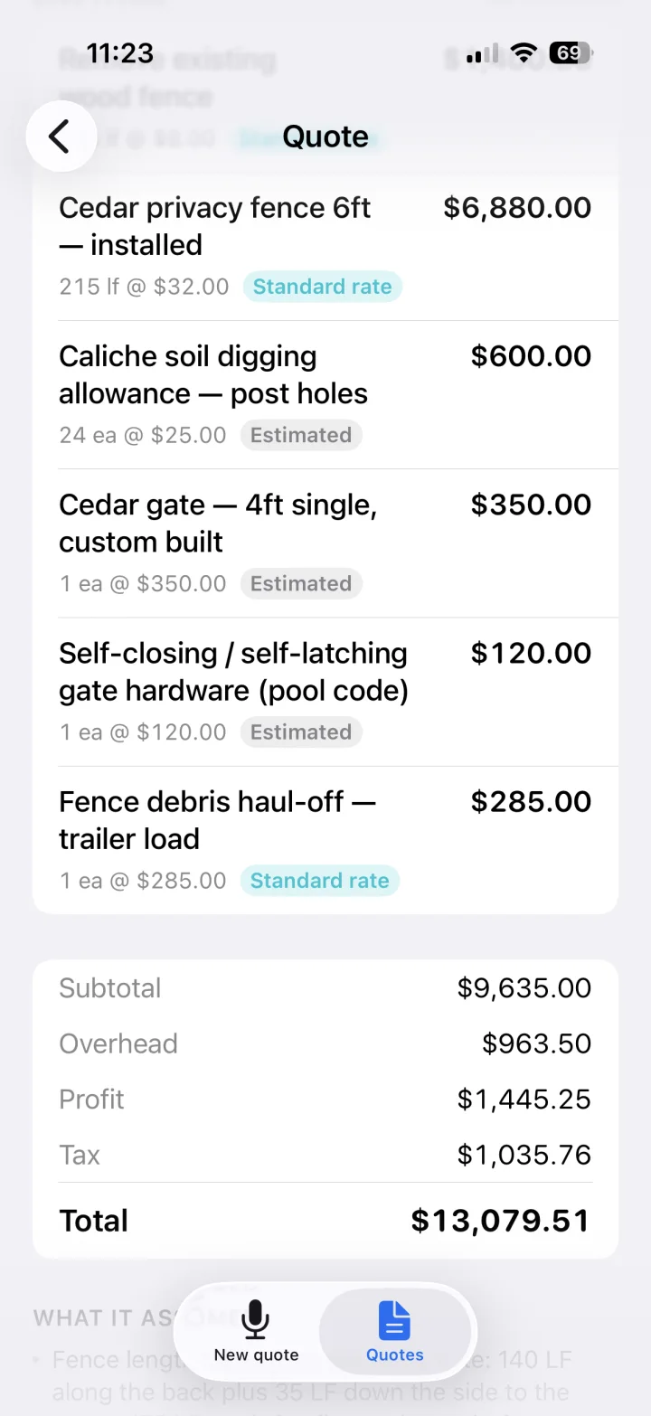 A priced VoiceQuote: cedar privacy fence by the linear foot, caliche digging allowance, custom gate, pool-code hardware and haul-off, each line marked standard rate or estimated