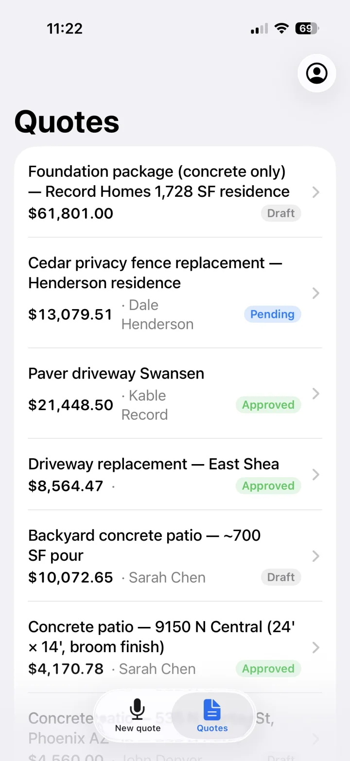 The VoiceQuote quotes list: a foundation package, two driveways and three patios, each with a total and a status of draft, pending or approved