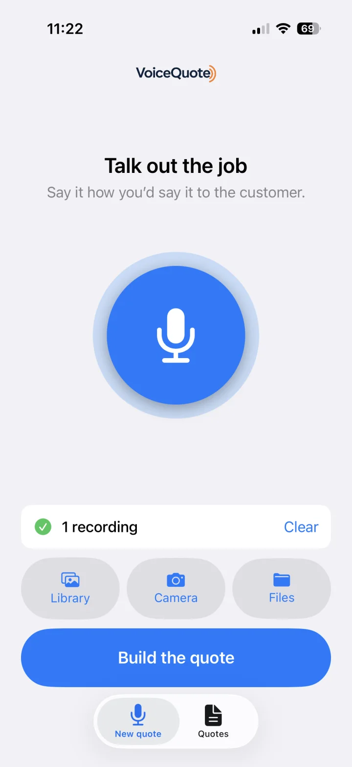 The VoiceQuote app capture screen, with a large microphone button and one recording attached