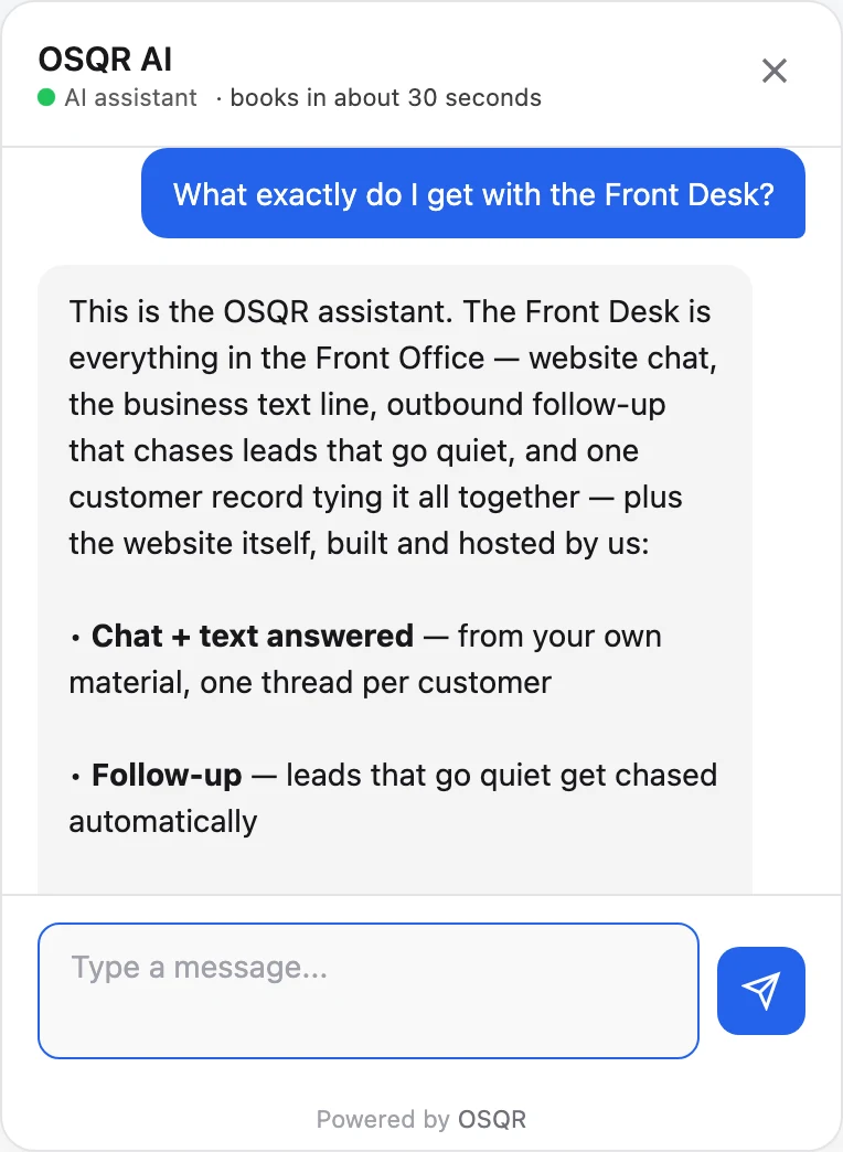 The live chat on osqr.ai answering a visitor asking what the Front Office includes