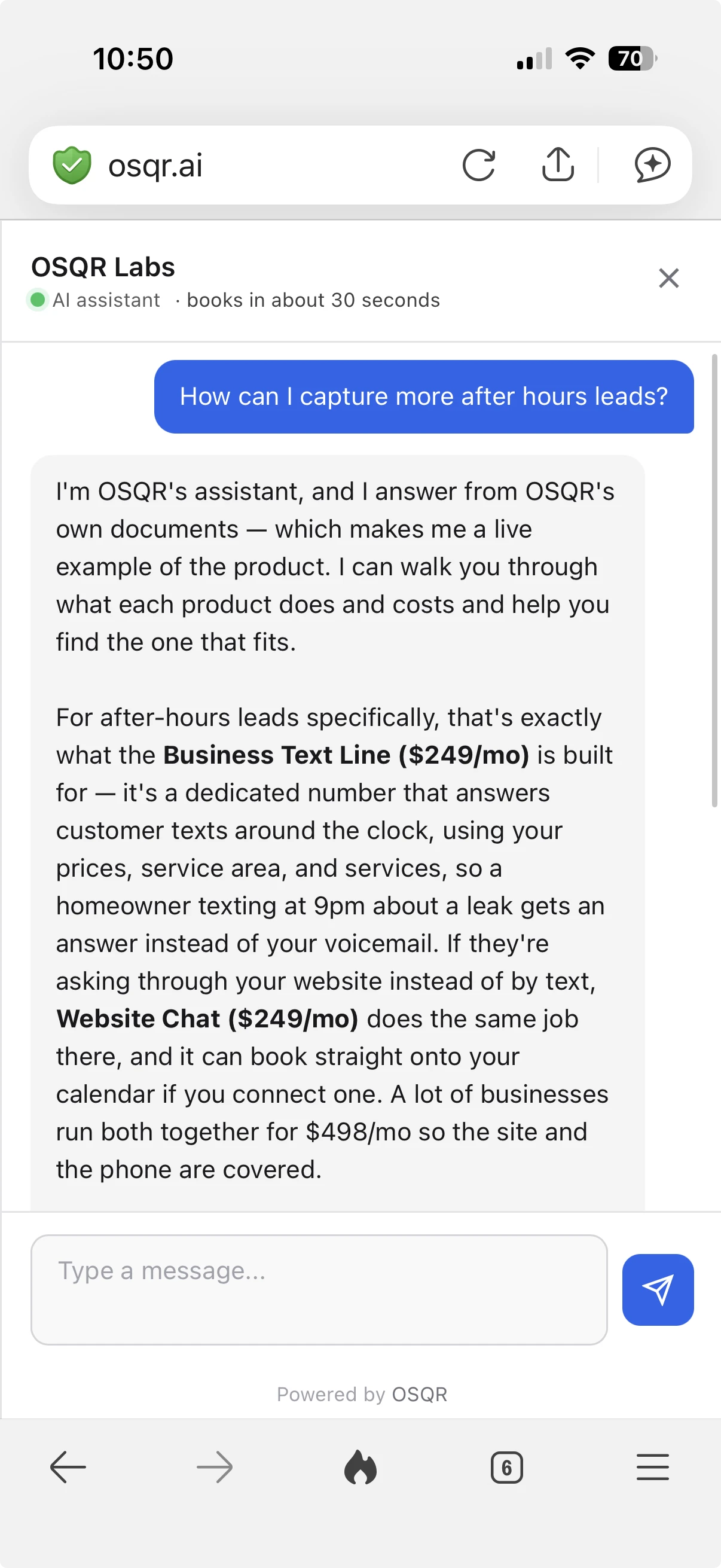 The osqr.ai chat open on a phone, answering a visitor asking how to capture more after-hours leads