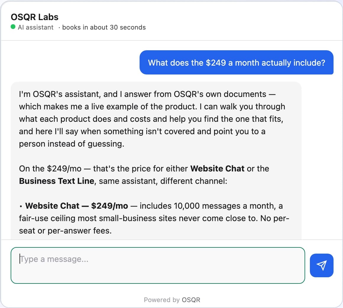 The live chat on osqr.ai answering a visitor asking what the $249 a month actually includes