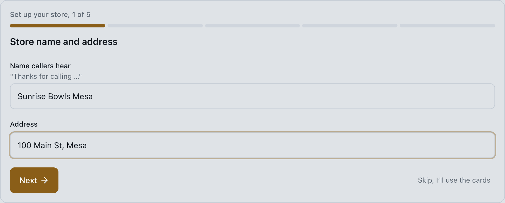 The store's first setup screen: the name callers hear and the address, step 1 of 5